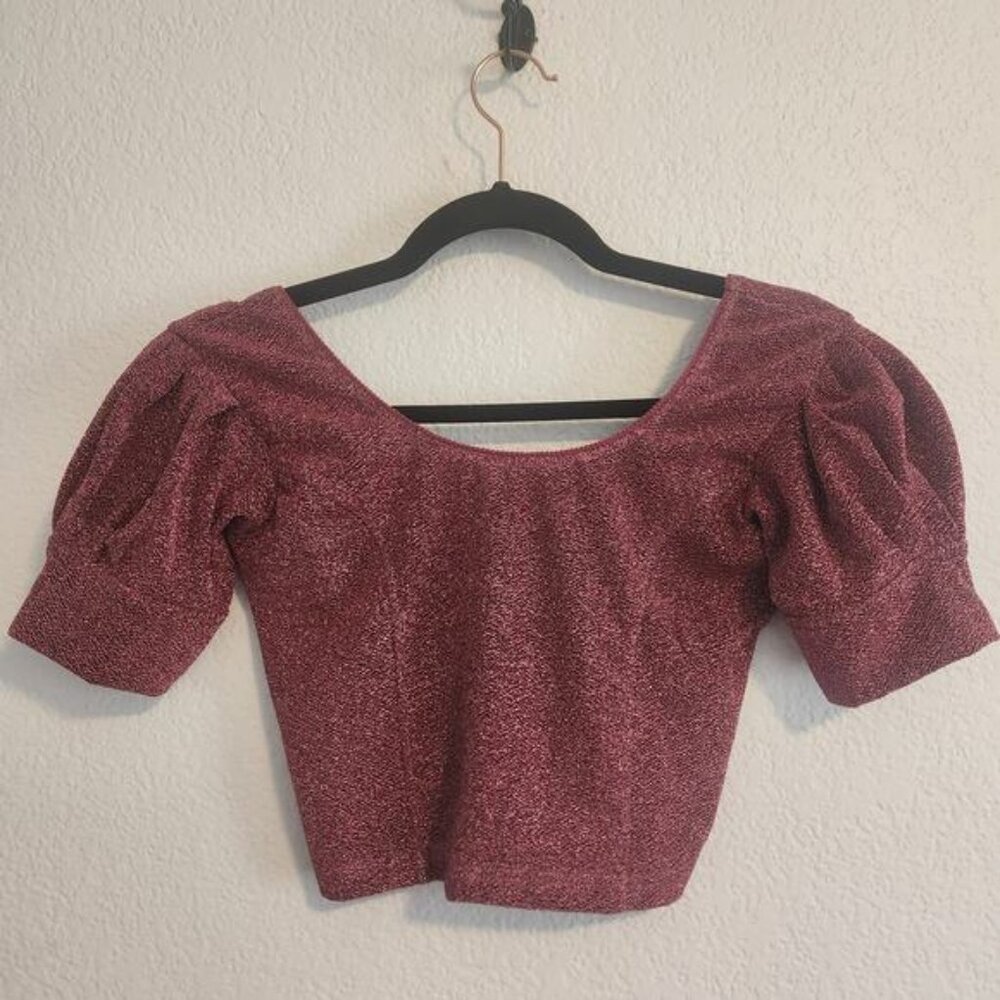 Women's Size X-Large‎ Small Cropped Glitter Dark Pink Puff Sleeve Blouse New
